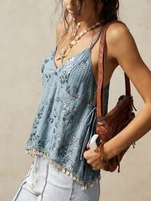 Camiseta de mujer con volantes y lentejuelas, elegante - Gris - Ver 5