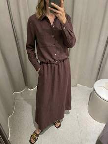 Ontre 2026春夏新款女士梭织面料情人节及婚礼季简约优雅办公衬衫半裙两件套 - 咖啡棕 - 查看 3