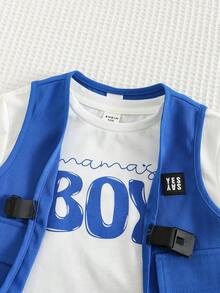 SHEIN Baby Jungen/Mädchen 3-teiliges Set: Weicher gestrickter Pullover mit Buchstabendruck, rundem Ausschnitt und Kurzarm, ärmelloser Cargo-Weste und Shorts mit Gummibund, geeignet für lässige Unternehmungen und Straßenmode - Verschiedenfarbig - Übersicht 4