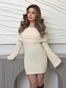 Jemour 优雅女士露肩长袖钩针针织连衣裙，适合日常约会、外出、夜店派对和聚会，秋季 - 杏色 - 查看 6