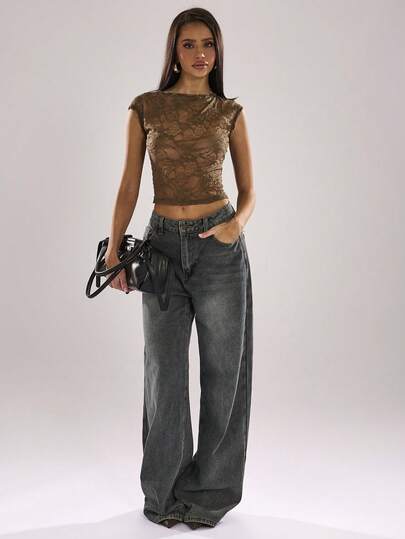 SHEIN BAE 蕾丝透视基础款圆领性感露脐上衣，适合夏季音乐节、海滩派对、锐舞派对、节日、西式装扮、波西米亚风、夏季上衣、沙滩上衣、Y2K锐舞派对等场合。