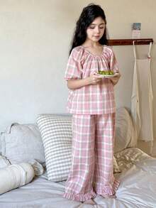 DAZY Tween Girl Plaid Print Bubble Short Sleeve Top And Ruffle Hem Wide Leg Loose Pants Pajama Set, Spring/Summer/Autumn - Pink - View 3