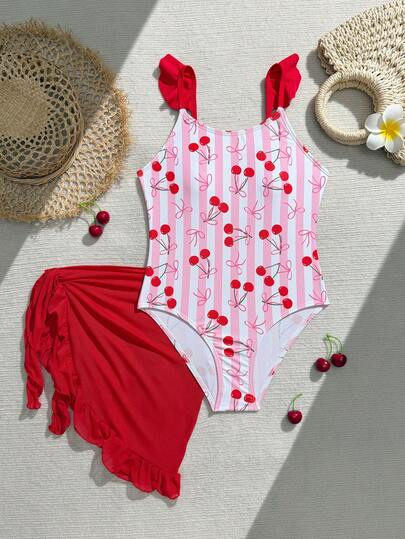 SHEIN Traje de baño de una pieza con volantes, estampado de cerezas y moño lindo para niña preadolescente, adecuado para nadar, vacaciones y playa de verano