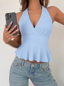 Almamuse 女士V领露背荷叶边下摆无袖上衣，收腰设计，适合春季和音乐节穿着 - 淺藍色 - 查看 5