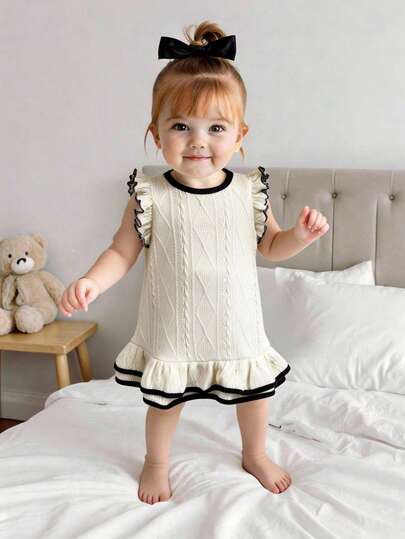 这款可爱的女婴连衣裙，设计精致、简约、优雅、可爱，采用提花面料，配有三袖，非常适合生日派对、晚宴、演出、婚礼、洗礼和开幕式等场合，也适合春夏季节穿着。