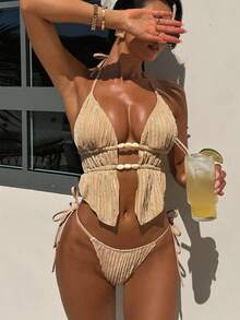 Bonvoyette Conjunto de Maiô Bikini Praia Sexy e Fofo para Mulheres, com Alças Finas, Decote Nas Costas, Cordão e Amarração, em Tecido Jacquard de Cor Sólida - Caqui - Visão 1
