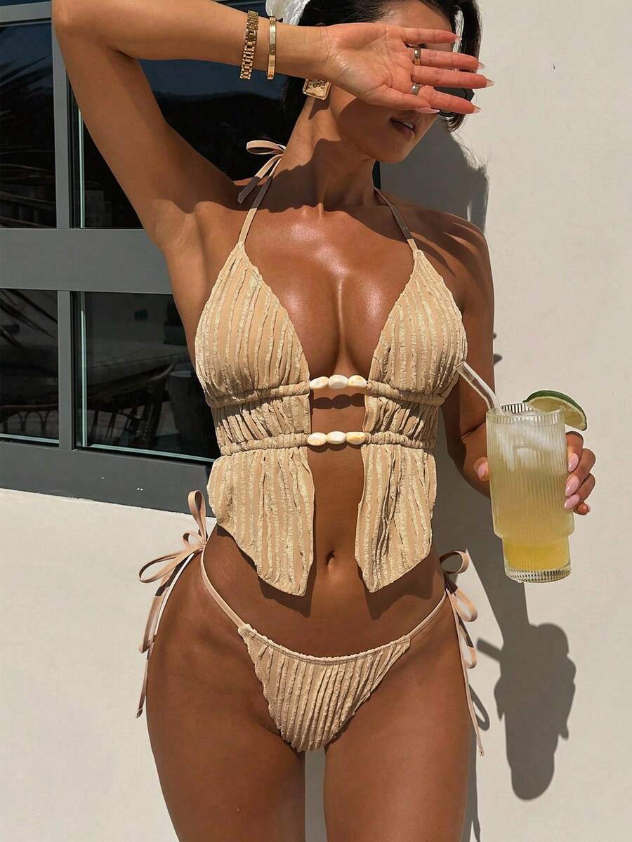 Bonvoyette Conjunto de Maiô Bikini Praia Sexy e Fofo para Mulheres, com Alças Finas, Decote Nas Costas, Cordão e Amarração, em Tecido Jacquard de Cor Sólida - Caqui - Visão 1