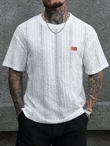 Manfinity CasualCool 男士休闲圆领短袖T恤，适合夏季日常穿着，展现男士绅士风范，休闲日常穿着，周末旅行，户外活动，探险旅行，轻松的工作环境或半正式场合，送给男友/丈夫的礼物，周年纪念/生日礼物，派对夏季假期，婚礼，春夏交替，复活节，休闲男士透气白色针织夏季短袖衬衫，落肩设计，男士纹理衬衫，男士针织T恤，男士针织衬衫，白色针织衬衫，男士街头风衬衫 - 白色 - 查看 7