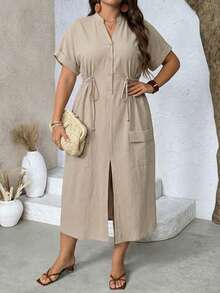 Linhara Sukienka letnia, swobodna, z dekoltem w serek i ściągaczem w pasie, w dużym rozmiarze i krótkim rękawem - Morela - Zobacz 4