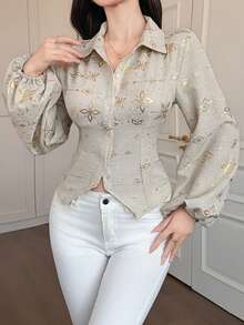 DAZY Women's Elegant Floral & Geometric Silver Foil Tie Front Blouse, Spring/Summer - Apricot - View 1