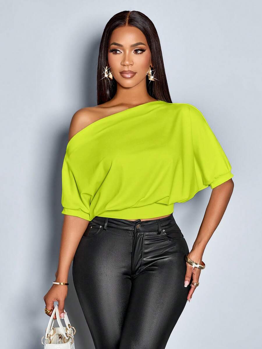 SOLERSUN Women's Solid Asymmetrical Neck Ruched Shoulder Tee - Mint Green - View 1