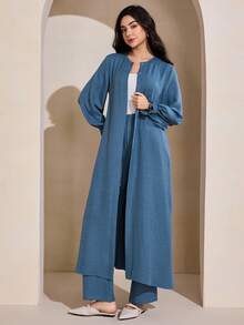 Graceveil 女士长袍套装，包括垂领长袖外套和裤子 - 藍色 - 查看 4