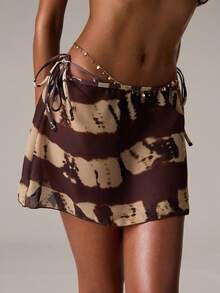 SHEIN BAE 女士度假沙滩扎染印花低腰系带罩衫及半身裙套装 - 棕色 - 查看 6