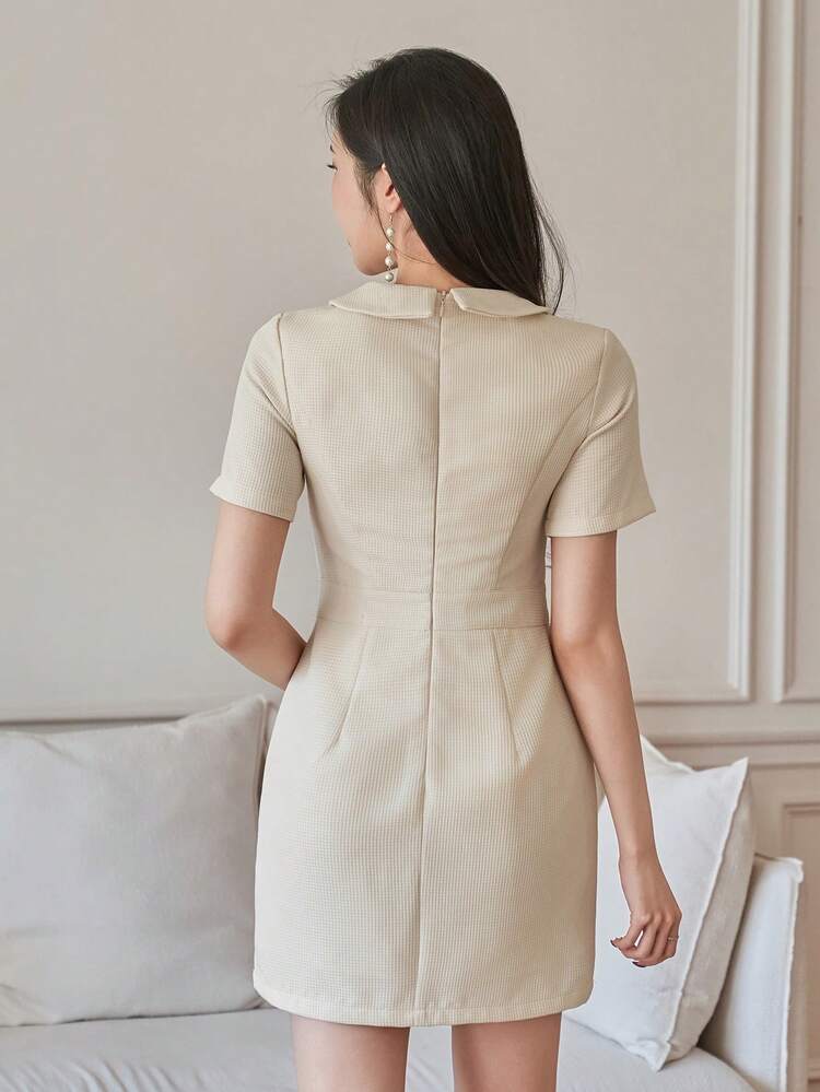 Women's Elegant Solid Color Textured Collar Pocket Short Dress, Summer,Wedding Guest Dress Women Sundress