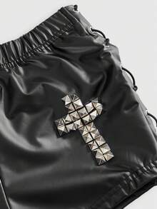 ROMWE Grunge Punk Spring/Summer Y2K Black Low Waist PU Leather Rivet Decor Side Lace-Up Sexy Mini Shorts, Suitable For Parties, Gatherings, Music Festivals, Shopping Dates And More - Black - View 3
