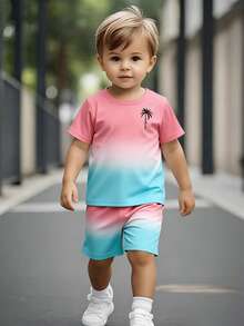 SHEIN Playful Pals 春夏两件套：男童休闲渐变椰树印花短袖T恤和短裤套装，舒适日常穿着 - 彩色 - 查看 3