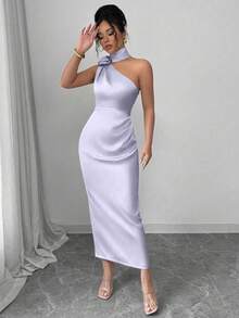 Selianne Elegant Sexy French Satin Ribbon Asymmetric Neck 3D Floral Waist Ruched Bodycon Dress - Purple - View 3