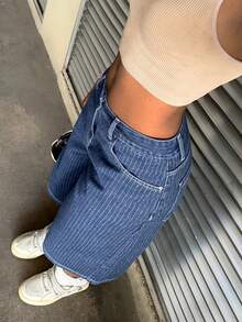 StreetHx 女士时尚休闲百搭刺绣条纹七分牛仔裤 - 深色水洗藍 - 查看 7