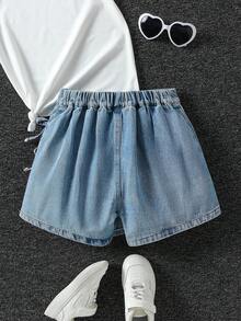 SHEIN ChillGRL Culotte casual de niña preadolescente en azul desgastado vintage con lazo lateral y diseño plisado, cintura cómoda, culotte de mezclilla versátil, nueva llegada - Lavado ligero - Ver 3