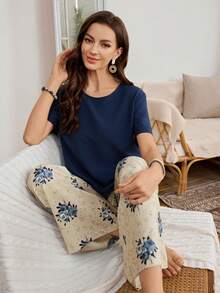 Serenescape 2 pièces Ensemble pyjama avec Top à manches courtes col rond ample en couleur unie froissée et pantalon large à imprimé floral - Multicolore - Voir 3