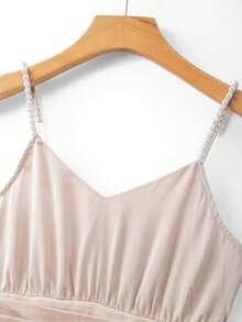 GlowEve Women's Champagne Beaded Shirred Shirred A-Line Dress, Romantic Sophisticated Elegant Satin Spring/Summer Dress - Champagne - View 5