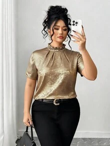 Elenzga 女士时尚荷叶边领短袖金属光泽衬衫 - 金色 - 查看 5