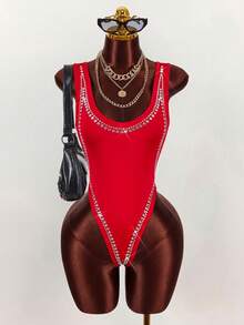 Amplova Body sexy con escote bajo y espalda descubierta con adornos de strass para mujeres - Rojo - Ver 3