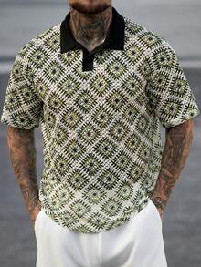 Manfinity CasualCool 男士落肩短袖半开襟撞色领休闲Polo衫，夏季，男士复古风，日常休闲，周末旅行，户外活动，探险旅行，轻松工作环境或半正式场合，男友/老公礼物，周年纪念/生日礼物，派对，夏季假期，婚礼，春夏，狂欢节，男士钩针衬衫，男士图案T恤，节日衬衫，衬衫，墨西哥衬衫 - 卡其色 - 查看 5