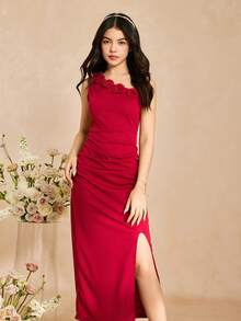 Đầm dài không tay, họa tiết hoa hồng đỏ, kiểu dáng lệch vai dành cho thiếu nữ, thích hợp cho mùa xuân/hè, dự tiệc cưới, sinh nhật, chất liệu polyester, nhẹ và co giãn. - Màu Hoa hồng đỏ - Xem 6