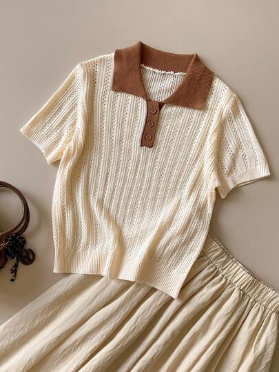 Muvela Suéter de manga corta de punto calado con cuello polo y contraste de color para mujer, estilo universitario retro, elegante para carnaval y fiestas, dulce y lindo para ir al trabajo en la ciudad, romántico y casual estilo vintage de los 90, adecuado para el Día de San Valentín, vacaciones de primavera, cumpleaños, fiestas, playa, graduación, moda, romántico minimalista, adecuado para invitados de boda, anfitriones, salidas, citas, reuniones, conciertos, brunch, fiestas de té, aeropuertos, vacaciones de verano