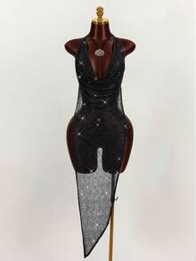 Amplova 2026 Black Sheer Sequin Halter Asymmetrical Music Festival Vest,Summer Top - Black - View 8