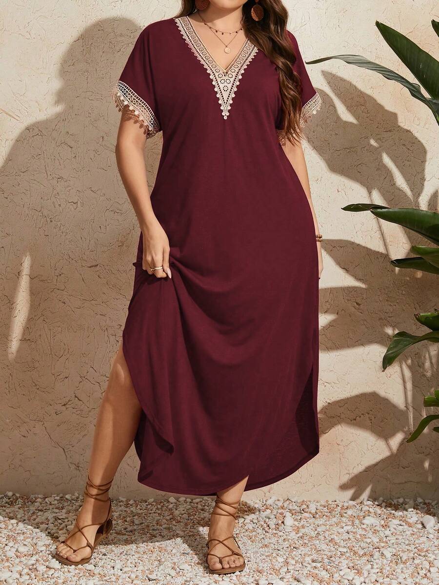 Breezaya Đầm dài tay ngắn ren cỡ lớn dành cho nữ, thích hợp mặc trong dịp năm mới. - Màu Đỏ Sâu - Xem 1