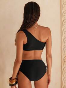 Swim Chiccia 2026 Frühling/Sommer Neue Damen Schwarze Einfarbige Einschultrige Metallic Kordelzug Bikini Zweiteiler - Sexy, vielseitig, retro und eleganter Stil - Bademode, Strandoutfit für Dates, Valentinstag Outfit, Pool Party Outfit, Strandparty Outfit, Musikfestival Outfit Einschultrige Bikinis Einschultrige Bademode Badeanzüge für Damen Schwarze Bademode für Frauen Schwarzer High-Rise Bikini Set - Schwarz - Übersicht 2
