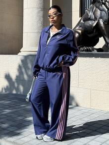 SHEIN EZwear 大码撞色条纹针织上衣和裤子两件套 - 藍色 - 查看 3