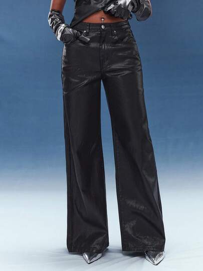 Normani Solid Color Fashion Low Waist Straight Loose Casual Versatile Denim Coated Wide Leg Jeans