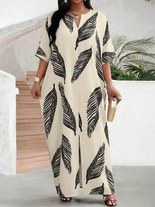 SHEIN Lady 大码女式热带印花露肩蝙蝠袖宽松休闲连衣裙，适合春、夏、秋季穿着 - 彩色 - 查看 2