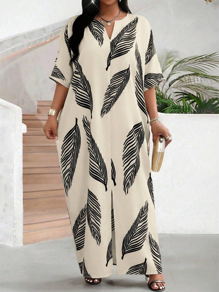 SHEIN Lady 大码女式热带印花露肩蝙蝠袖宽松休闲连衣裙，适合春、夏、秋季穿着