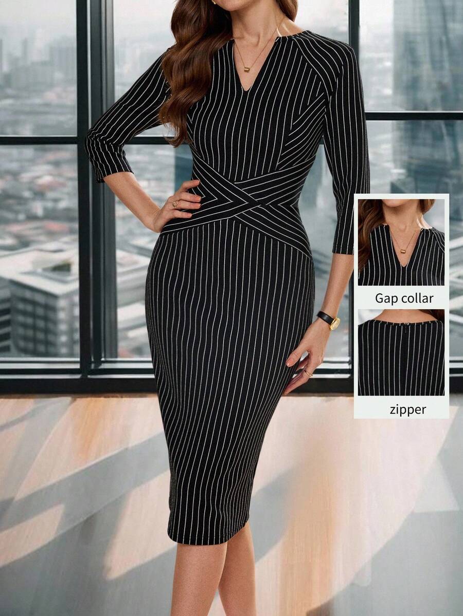 Editum Váy bó dài đến đầu gối kẻ sọc đen trắng cho nữ, tay áo 3/4, cổ khoét, trang phục công sở thanh lịch, đi làm - Đen và trắng - Xem 1