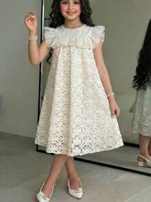 SHEIN 少女宽松优雅圆领荷叶边碎花连衣裙 - 杏色 - 查看 2