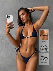 Aloruh 女士性感优雅复古热带雨林黑白斑马纹迷你三角杯吊带系带上衣搭配迷你丁字裤两件套比基尼套装，春夏 - 藏蓝色 - 查看 6