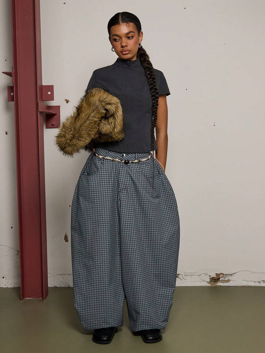 COUREZ Pantalones holgados de tiro bajo a cuadros de algodón unisex para mujeres y hombres - Azul Marino - Ver 1