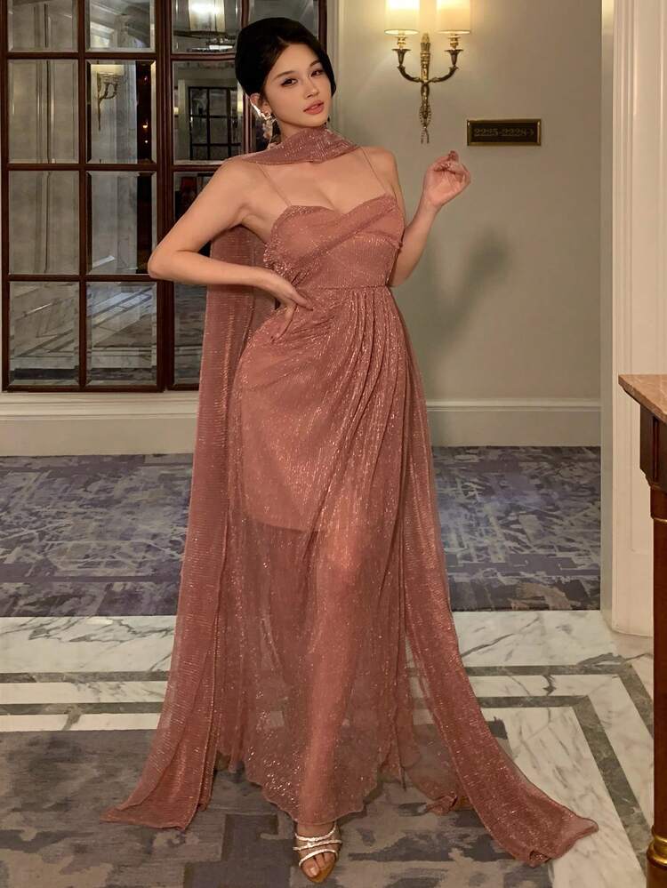 Dusty Pink,Autumn,Elegant,Dinner Shiny Satin Scarf Tie Sleeveless Dress,Ruffle Slim Fit Sundress For Wedding,Party,Formal Occasions,Valentine's Day