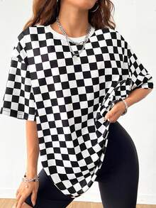 SHEIN EZwear Casual Minimalist Black & White Plaid Allover Print Round Neck Loose Fit Short Sleeve T-Shirt For Women, Summer - White - View 4