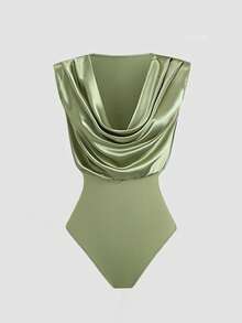 Sweetra 优雅无袖垂褶领缎面连体衣，鼠尾草绿，适合春夏通勤穿着。 - 綠色 - 查看 1
