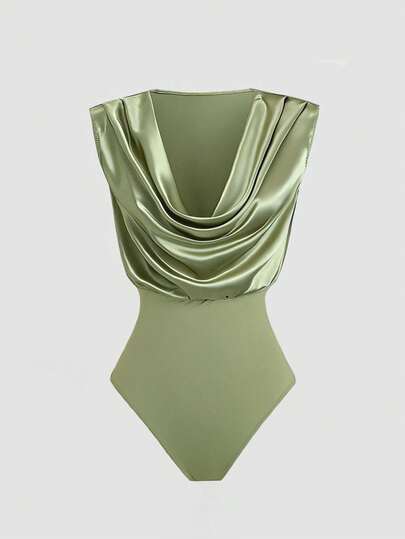Sweetra 优雅无袖垂褶领缎面连体衣，鼠尾草绿，适合春夏通勤穿着。