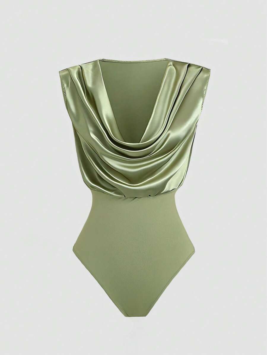 Sweetra 优雅无袖垂褶领缎面连体衣，鼠尾草绿，适合春夏通勤穿着。 - 綠色 - 查看 1