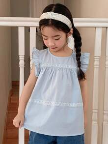 Dazy Kids Blusa casual versátil con cuello redondo y volantes para niña joven - Azul - Ver 8