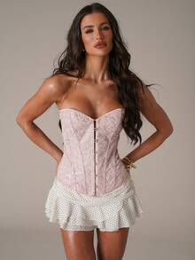 SHEIN BAE Top corto de mujer elegante y sexy de encaje rosa con jacquard 3D y cuentas, adecuado para festivales de música, fiestas de graduación, tops dulces para chicas, bustier de encaje ajustado, tops con lentejuelas, tops de playa, tops de verano - Rosa Pálido - Ver 6