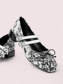 CUCCOO DOLLMOD Giày bệt nữ mũi vuông kiểu retro thanh lịch, thêu nơ, quai kép hình Mary Jane - Đen và trắng - Xem 2