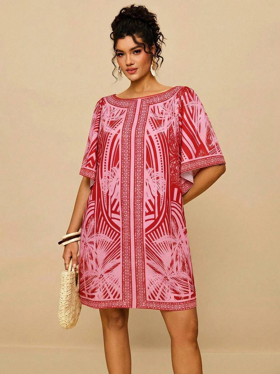 Travachic Đầm nữ cỡ lớn in họa tiết nhiệt đới phong cách Bohemian, dáng rộng, cổ tròn, tay ngắn, thích hợp cho mùa thu và các dịp lễ hội. - Màu Hồng Tươi - Xem 1